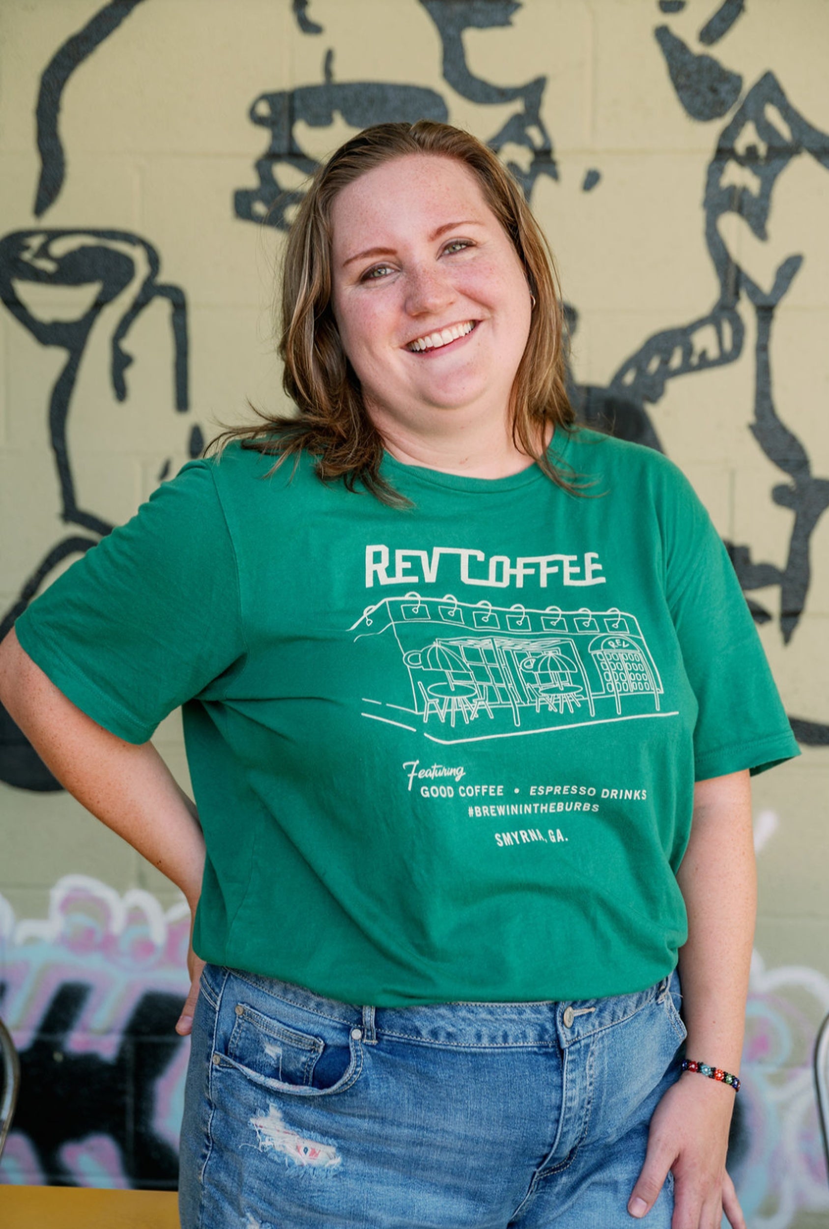 Green Storefront Tee Rev Coffee Roasters Marie Muir Smyrna Georgia